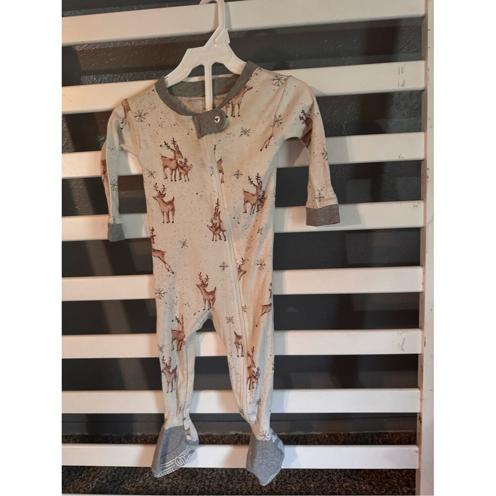 Burt's Bees Baby Cream Reindeer Print Footed One-Piece with Gray Trim